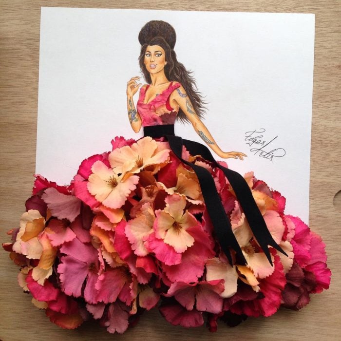 ilustración mujer con vestido hecho de flores y listón