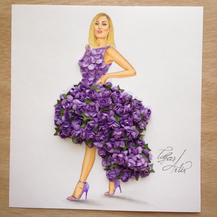 ilustración mujer con vestido hecho de flores moradas