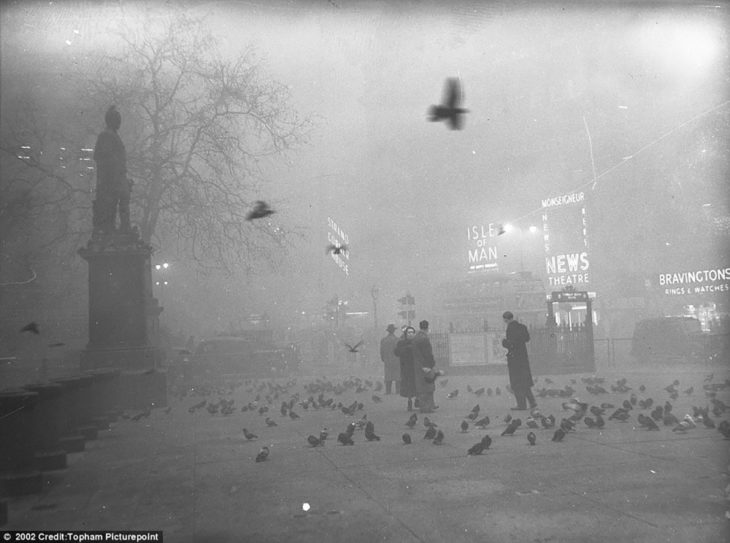 personas en parque con palomas en londres durante la niebla ácida