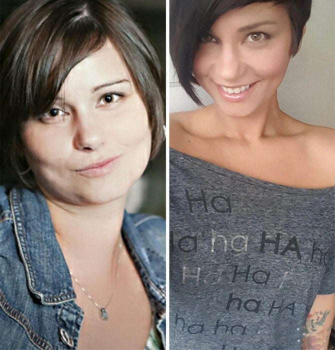 mujer de cabello corto antes y después de dejar de beber