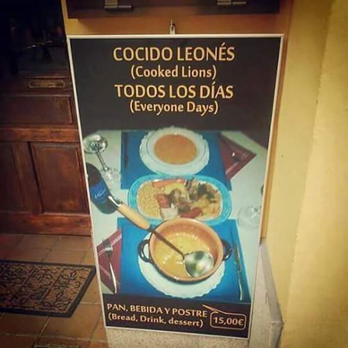 cartel de menú con malas traducciones