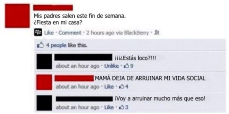 estado de facebook: fiesta en mi casa