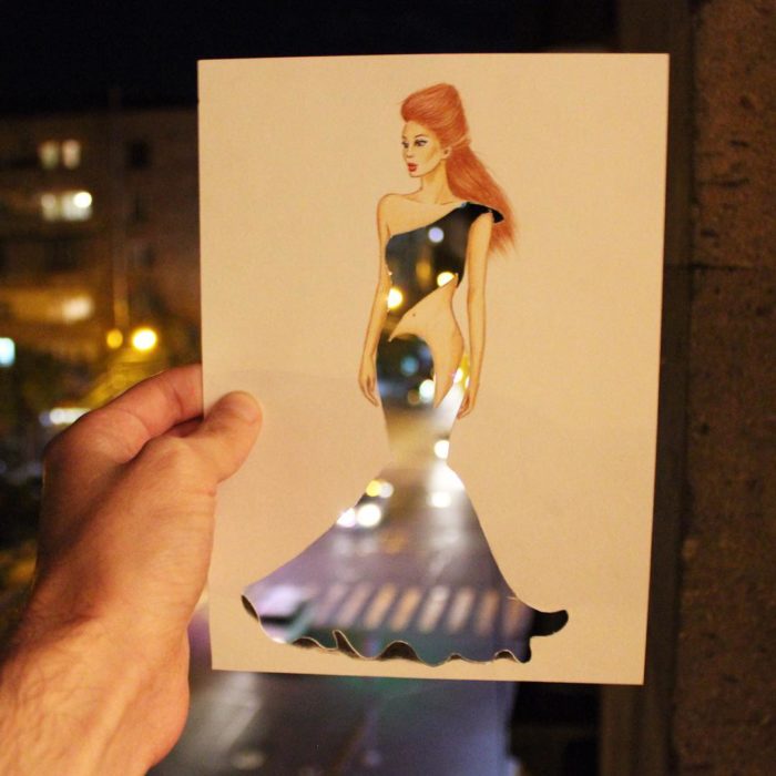 ilustración mujer con vestido hecho de luces de la ciudad