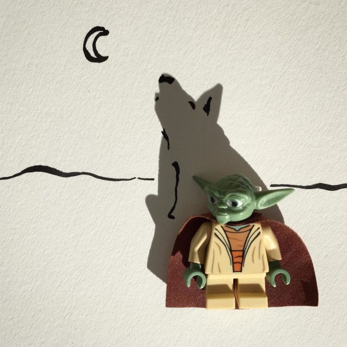 ilustración de un lobo de la sombra de un muñeco de yoda