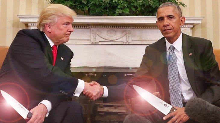 trump y obama photoshop, ambos con cuchillos