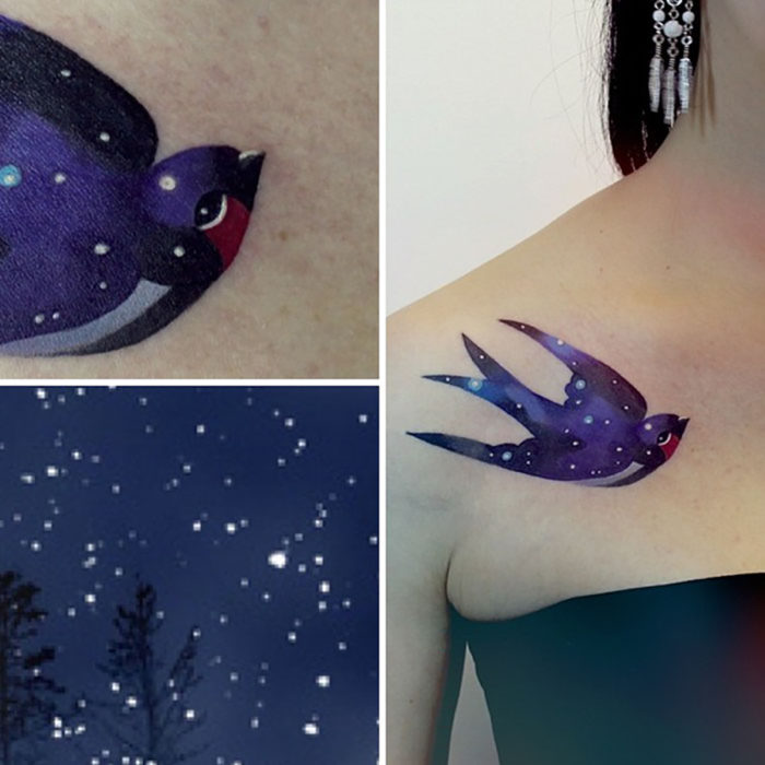 tatuaje de ave con estrellas en clavícula de mujer