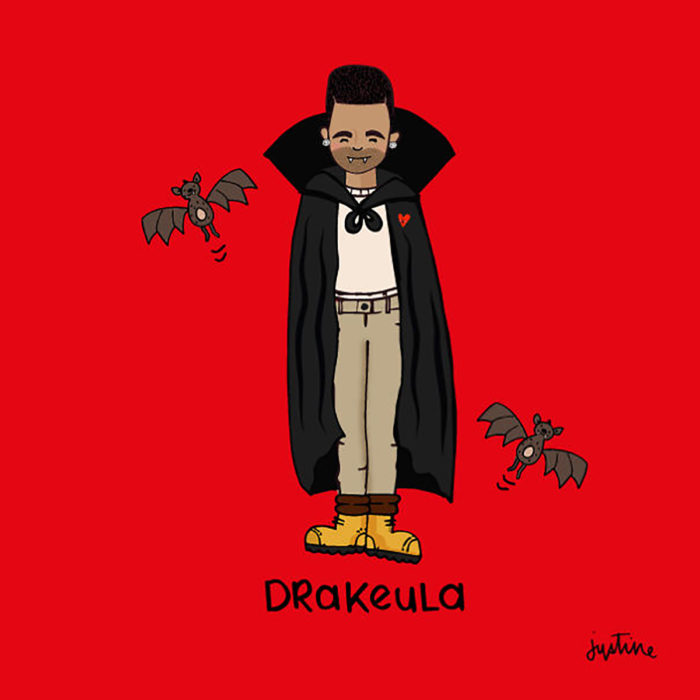 ilustración de drake vestido de drácula