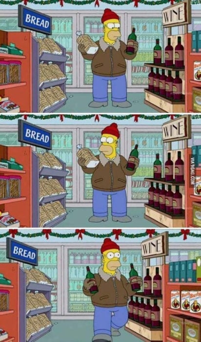 homero decidiendo entre comprar pan o vino