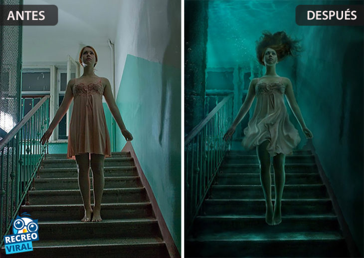 Magia de Photoshop - Mujer en escaleras/abajo del agua