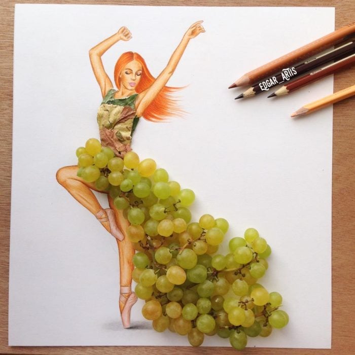 ilustración chica con vestido hecho de uvas