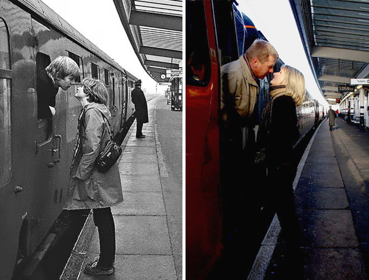 pareja beso en el ferrocarril antes y después