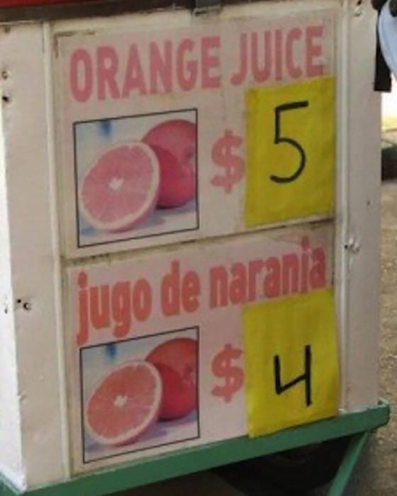 menú donde es más caro el orange juice que el jugo de naranja