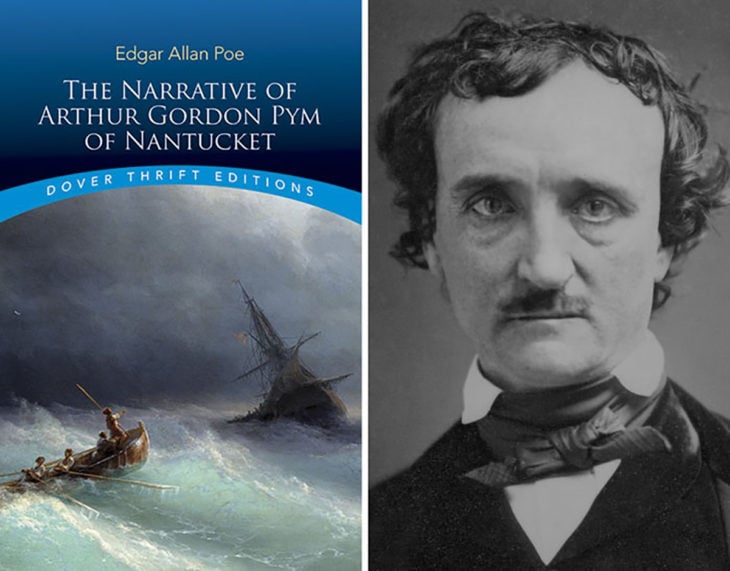 foto de portada de un libro al lado del retraro de edgar allan poe