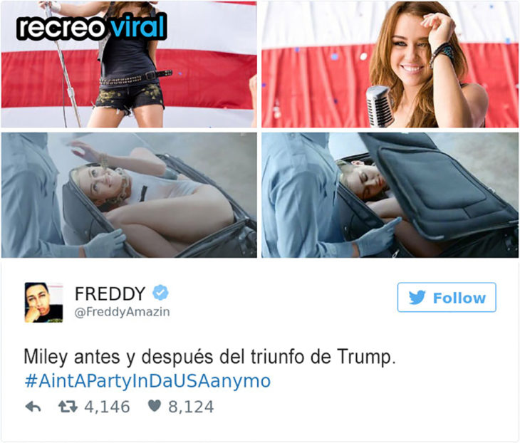 tuit donald trump miley cirys metiéndose a una maleta