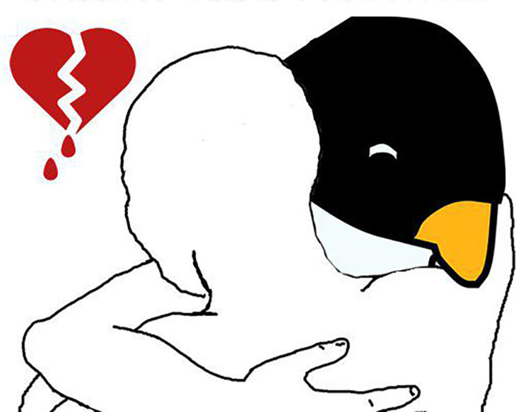 dibujo de hombre abrazando un pingüino