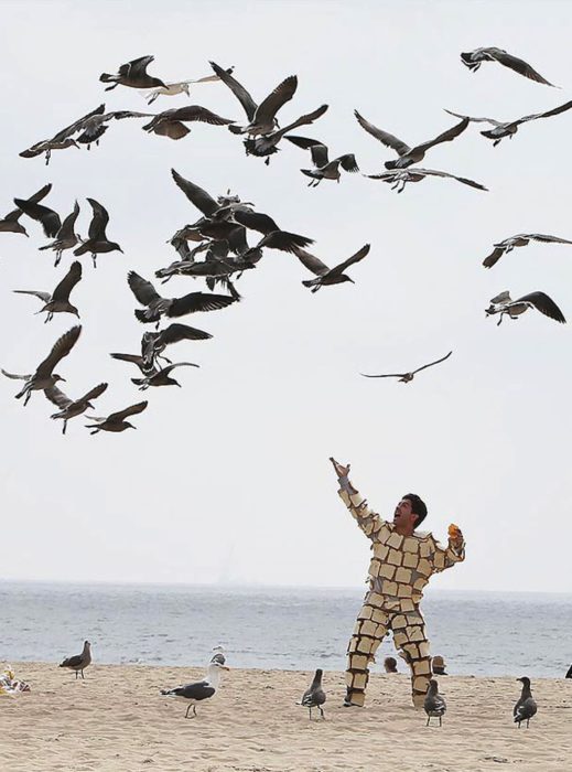 chico con ropa de panes alimentando a las aves