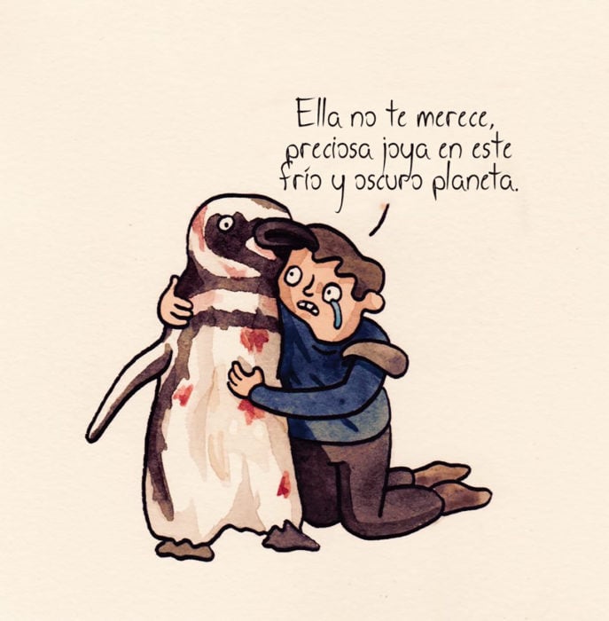 dibujo hombre abrazando a pingüino herido