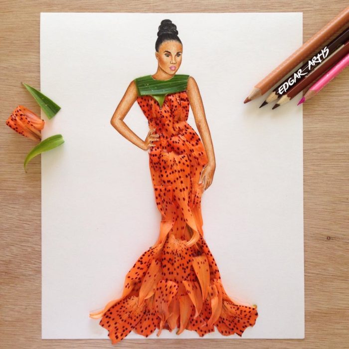 ilustración mujer con vestido hecho con los pétalos de una flor