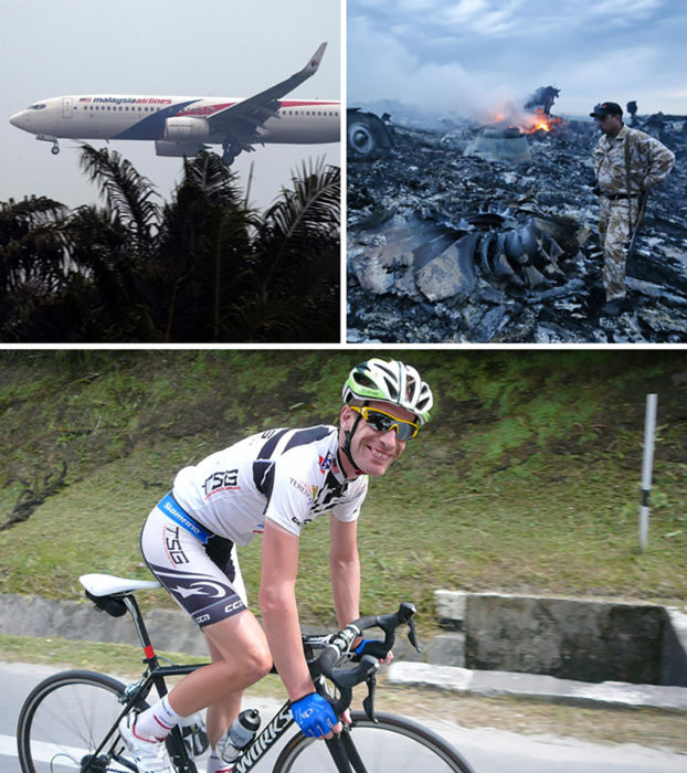 collage de fotos, arriba desastres de aviones, abajo un ciclista