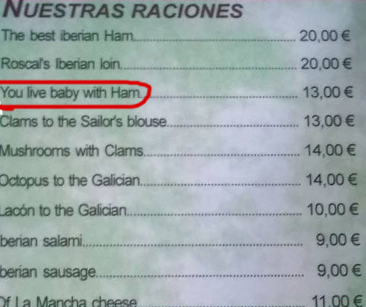 menú mal traducido, bebé vivo con jamón