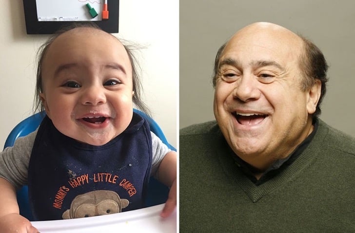 Foto de un bebé y del otro lado foto de Danny DeVito