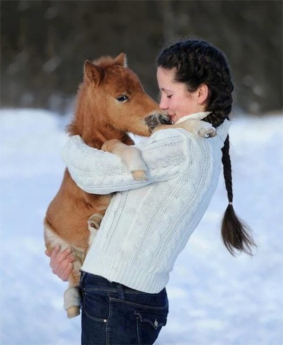 Una niña junto a su caballo miniatura 