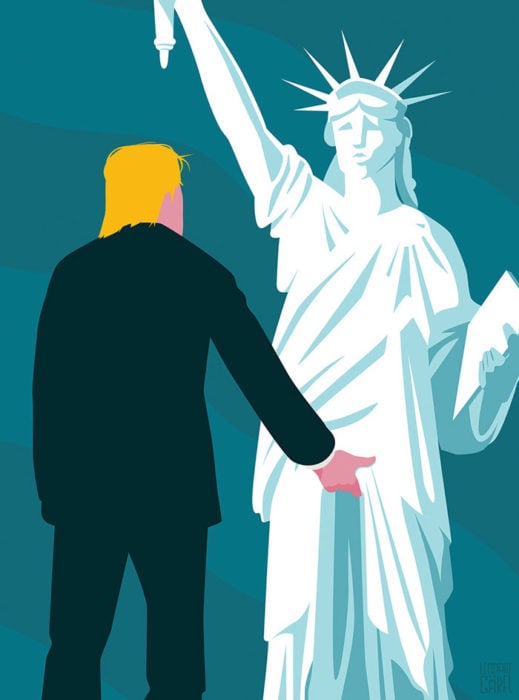 trump grotesco y la estatua de la libertad