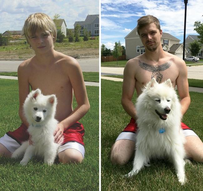 El antes y después de niño y su perro