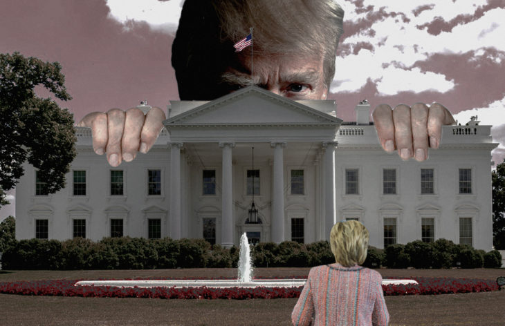 Casa Blanca Photoshop - Trump gigante viendo a Hillary chiquita