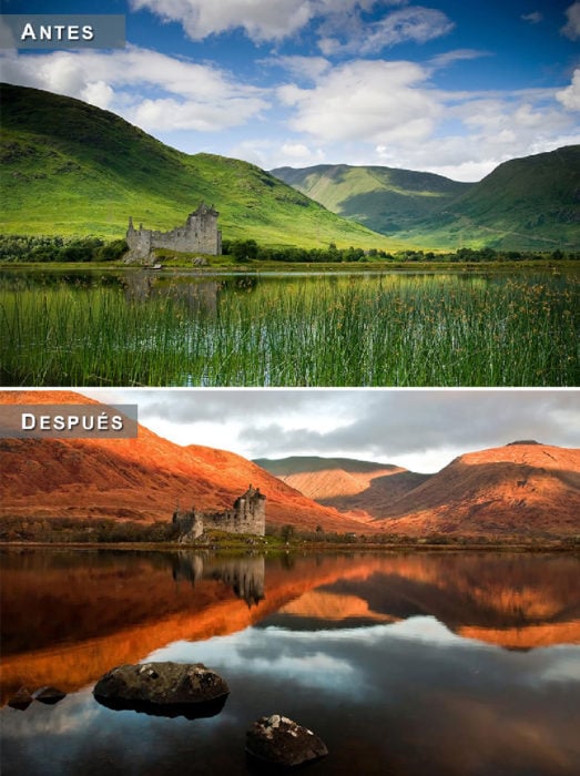 Otoño - paisaje en lago antes y después