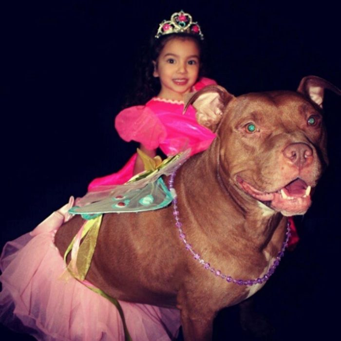 Niña y perro vestidos de princesas