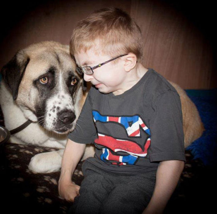 Perrito al lado de un niño especial