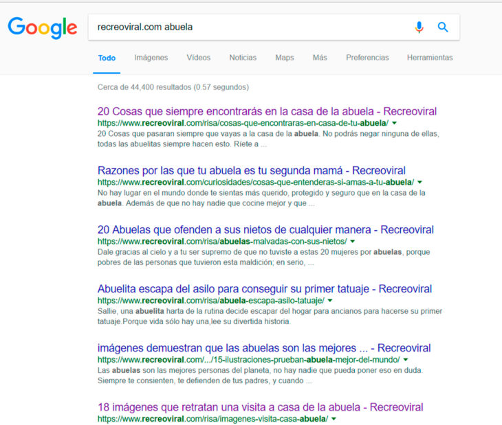 Búsqueda sobre recreoviral en Google