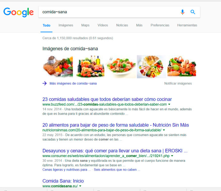 Búsqueda en Google sobre comida sana 