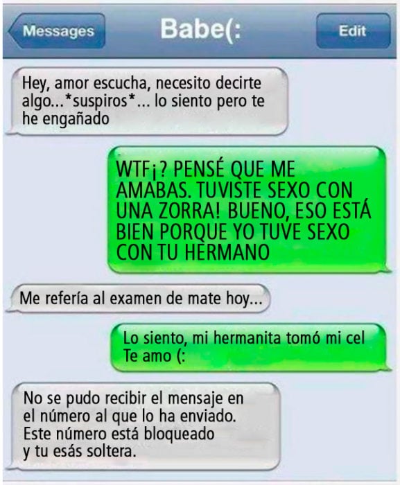 Mensaje de texto entre novia infiel y su novio fiel