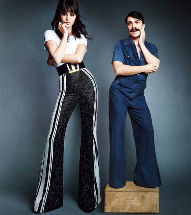 hombre editado en foto de kendall jenner en pantalones de los 70