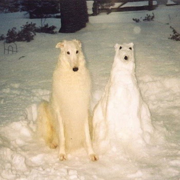 perro al lado de una escultura de nieve de él mismo