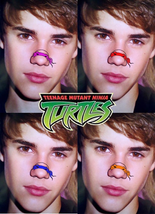 justin bieber con tortuga ninja dibujada en la nariz