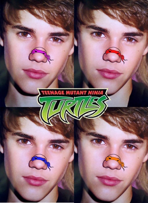 justin bieber con tortuga ninja dibujada en la nariz