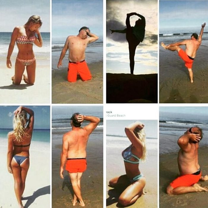 hombre copiando poses de mujer en la playa
