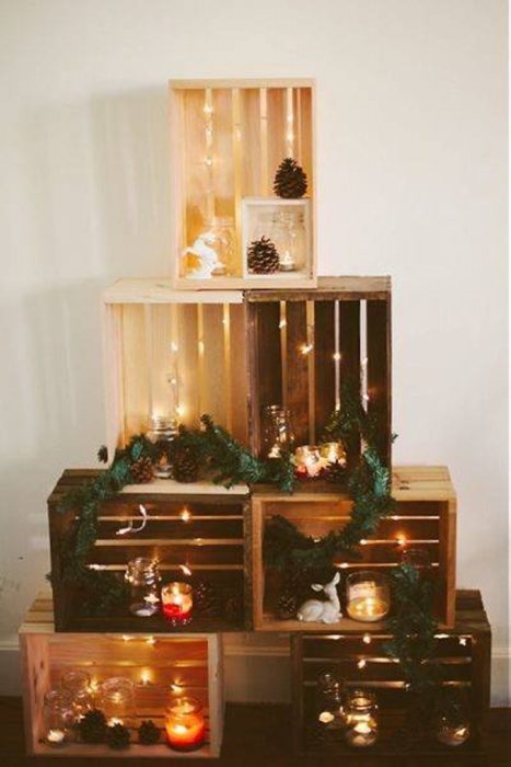 árbol navideño de cajas de madera