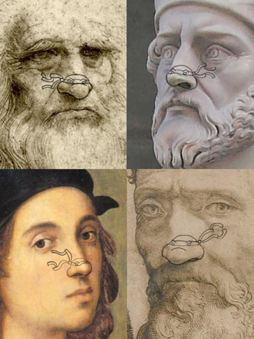  Leonardo, Raphael, Michelangelo, Donatello con tortugas dibujadas en su nariz