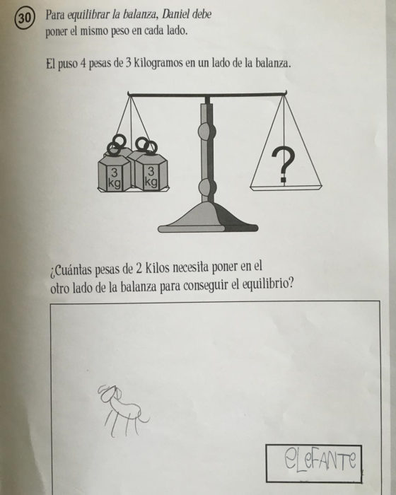 respuesta graciosa a pregunta de examen sobre equilibrar balanzas