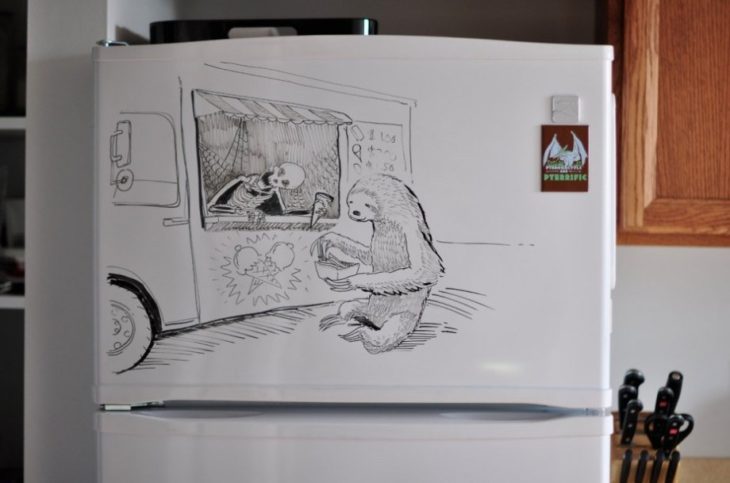 dibujo de una calaca vendiendo nieve en el refrigerador