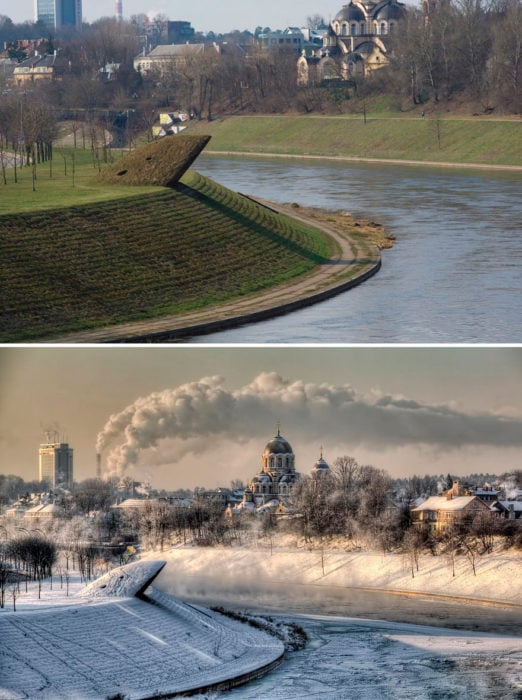 un lago antes y después del invierno 