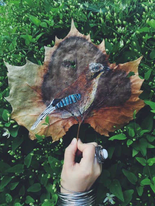 pintura realizada sobre la hoja seca de un árbol 