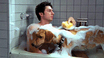 hombre bañándose con su perro
