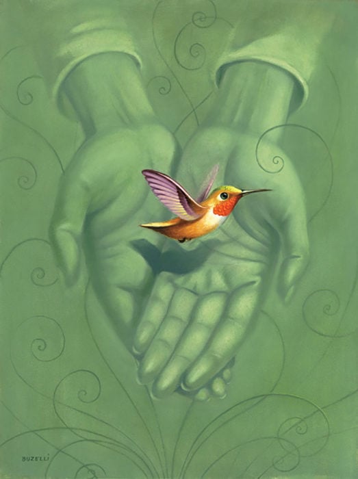 ilustración de un colibrí en manos de personas