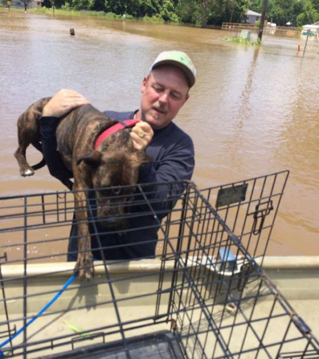 hombre sosteniendo un perro