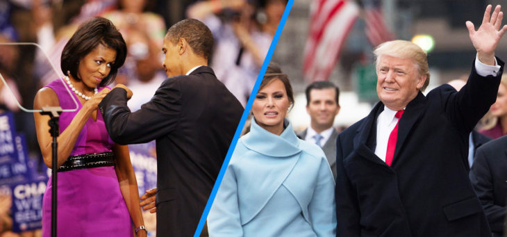 barack y michelle chocan sus puños versus trump y melania en el primer día de su mandato